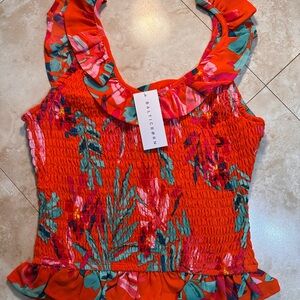 Sugar + Lips Baltic Born Red Floral Smocked Tank Top Size Small